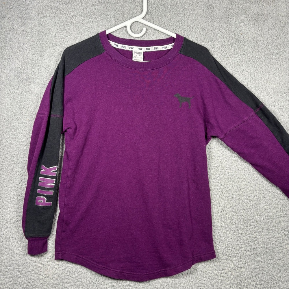 PINK Victoria's Secret Shirt Women XS Purple Grey Raglan Graphic Long Sleeve Tee